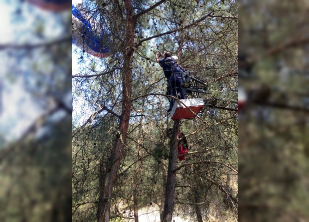 Ağaca asılı kalan amatör paraşütçü kurtarıldı